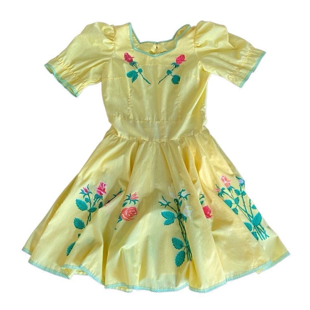 Vintage Square Dance Dress Hand Painted Roses RicRac Ruffles Yellow